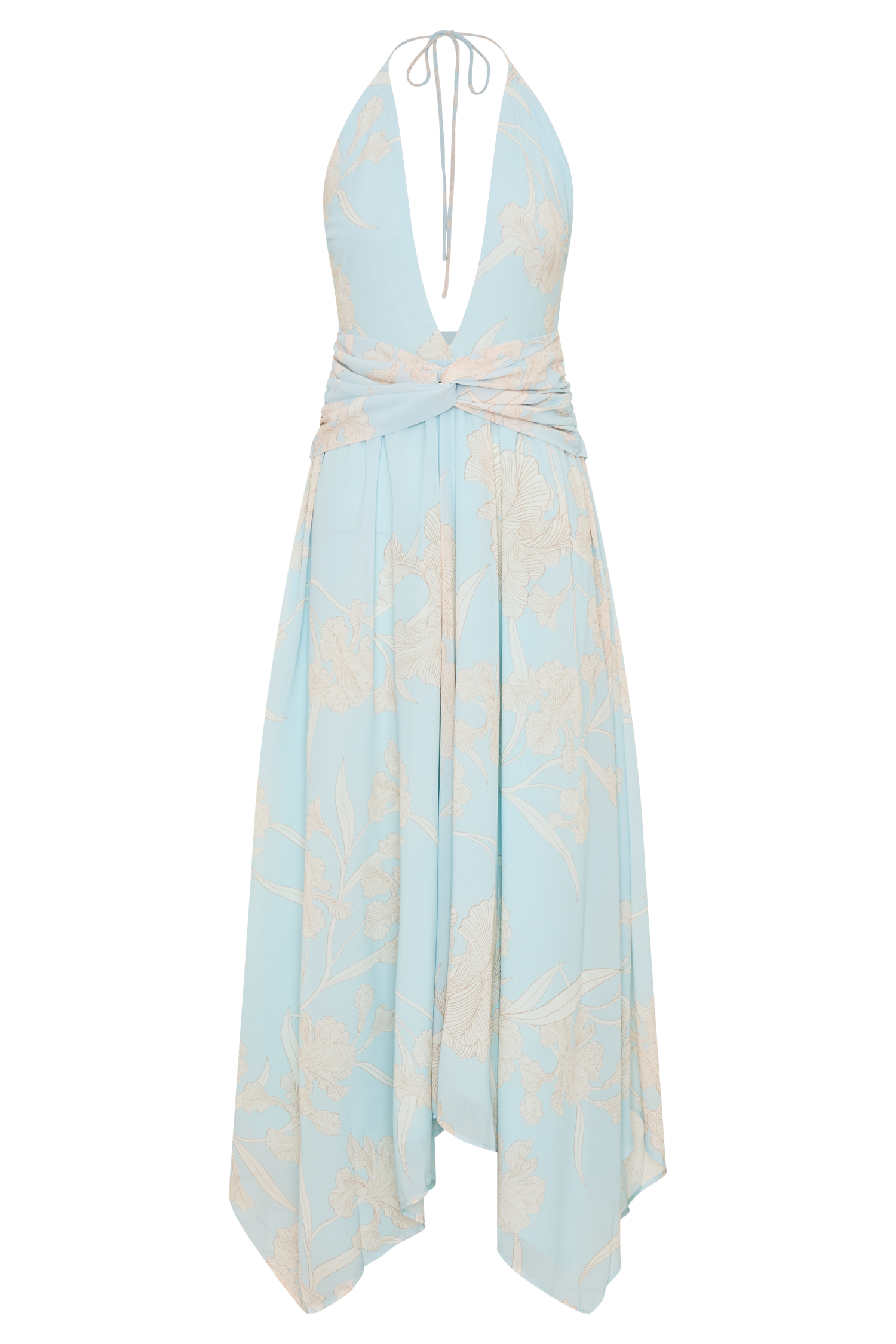 Cyra Plunge Chiffon Midi Dress - Blue Floral Print - Image 13