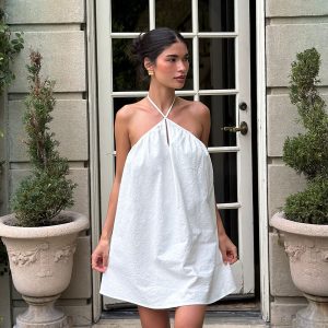 Sonja Keyhole Halter Cotton Mini Dress - White