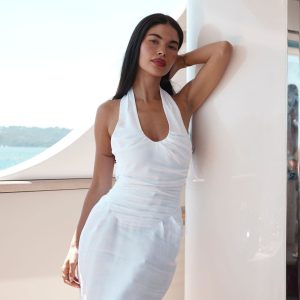 Daniela Ruched Halter Midi Dress - White