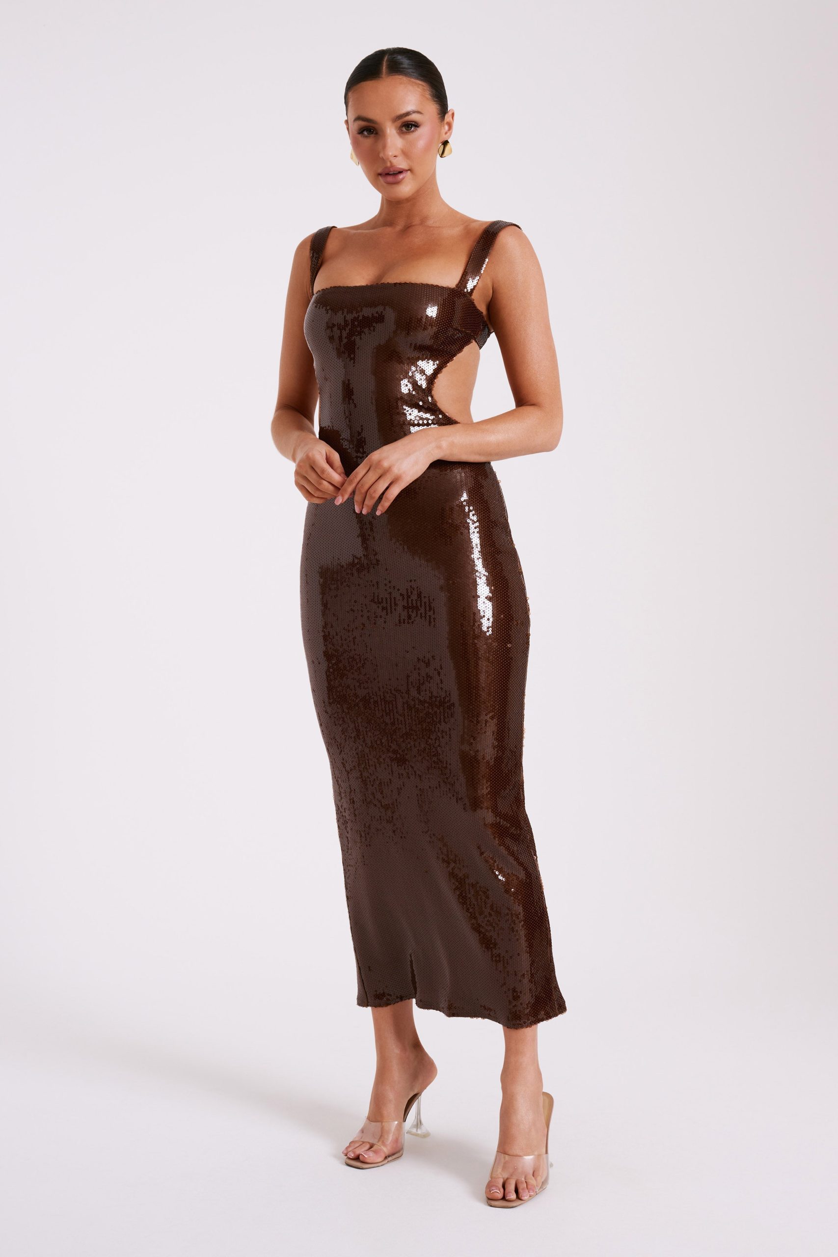 Adoria Sequin Cut Out Maxi Dress - Chocolate - Image 11
