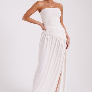 Bex Strapless Slinky Maxi Dress With Split - Ivory