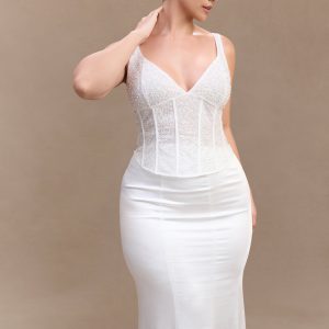 Elsie Pearl Beaded Bustier Top - White