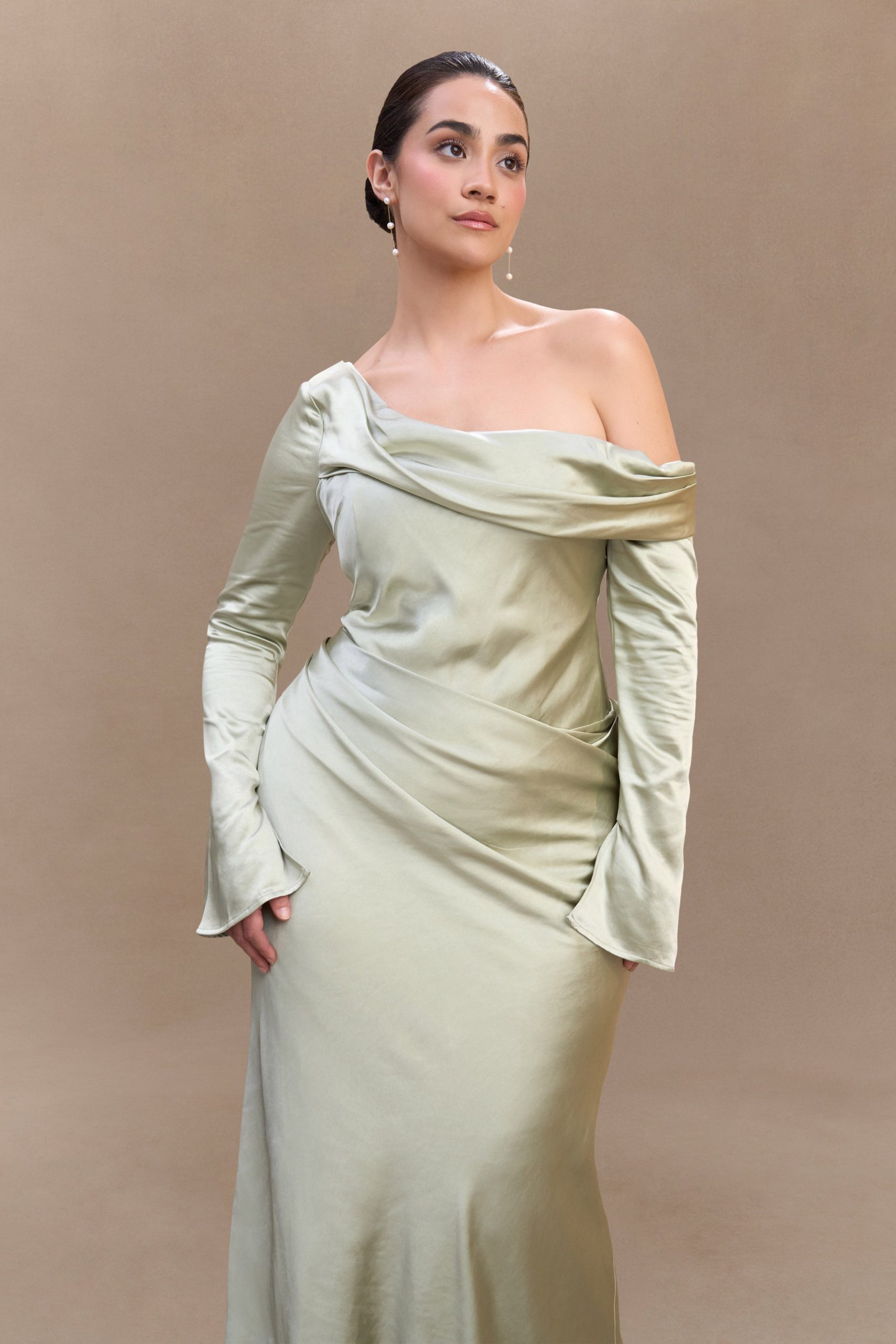 Iris Long Sleeve Satin Maxi Dress - Sage - Image 7