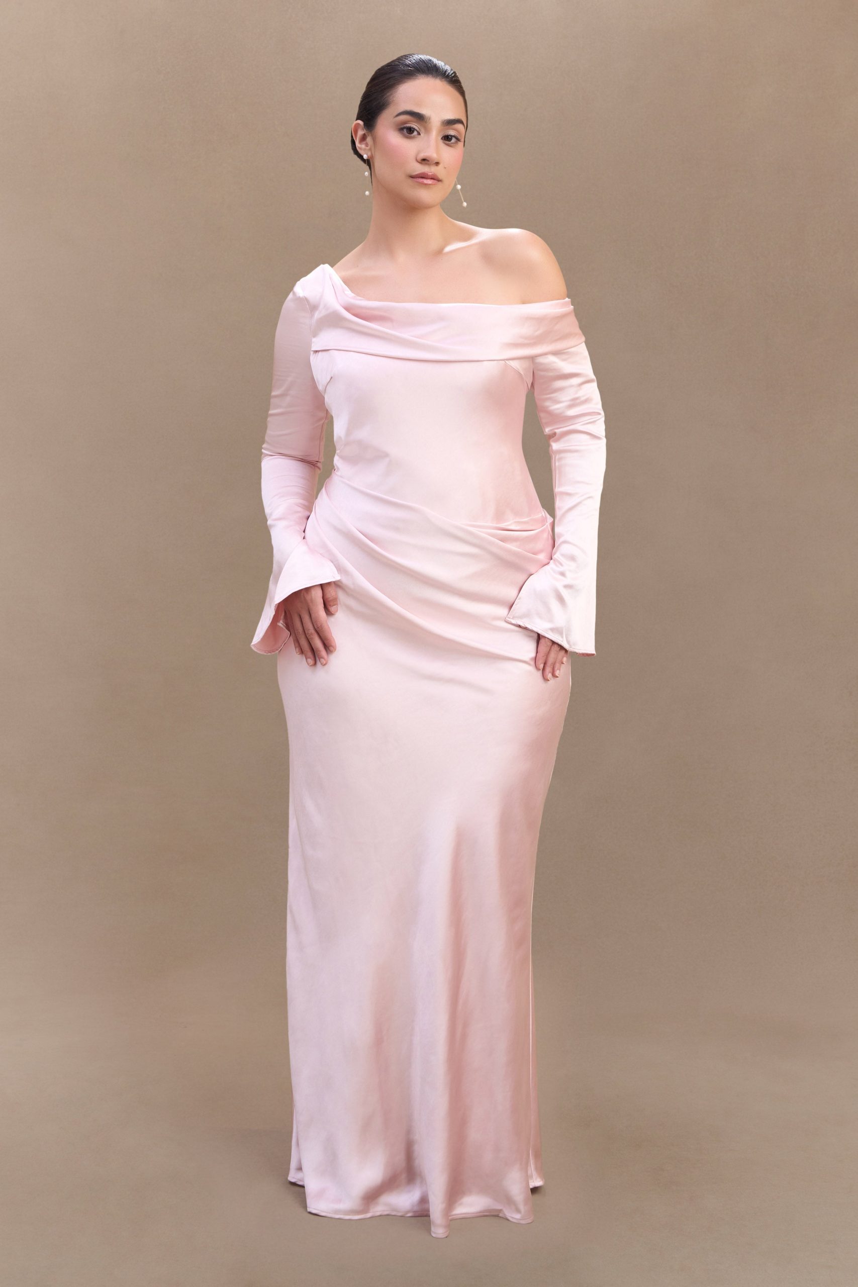 Iris Long Sleeve Satin Maxi Dress - Soft Pink - Image 4