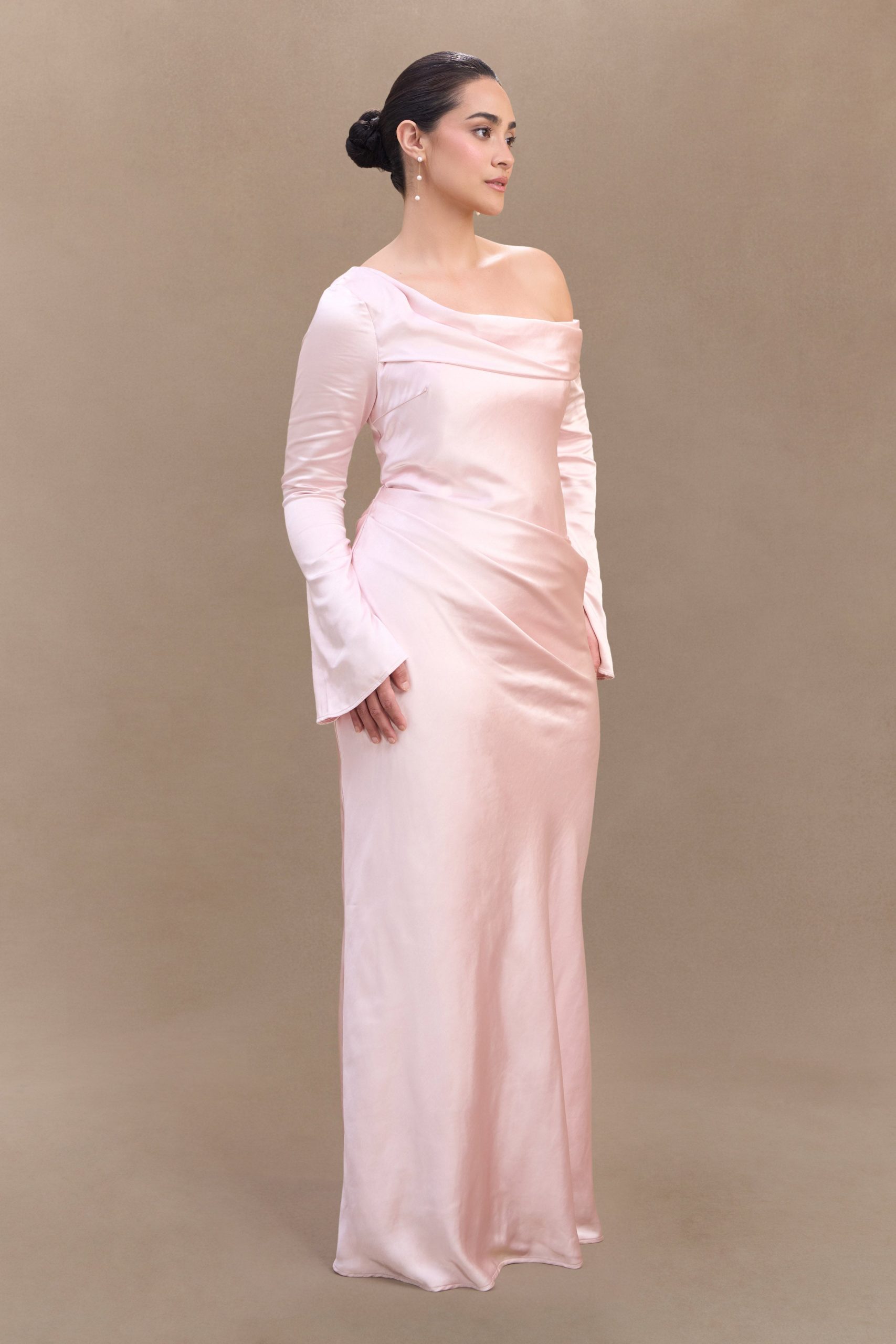 Iris Long Sleeve Satin Maxi Dress - Soft Pink - Image 5