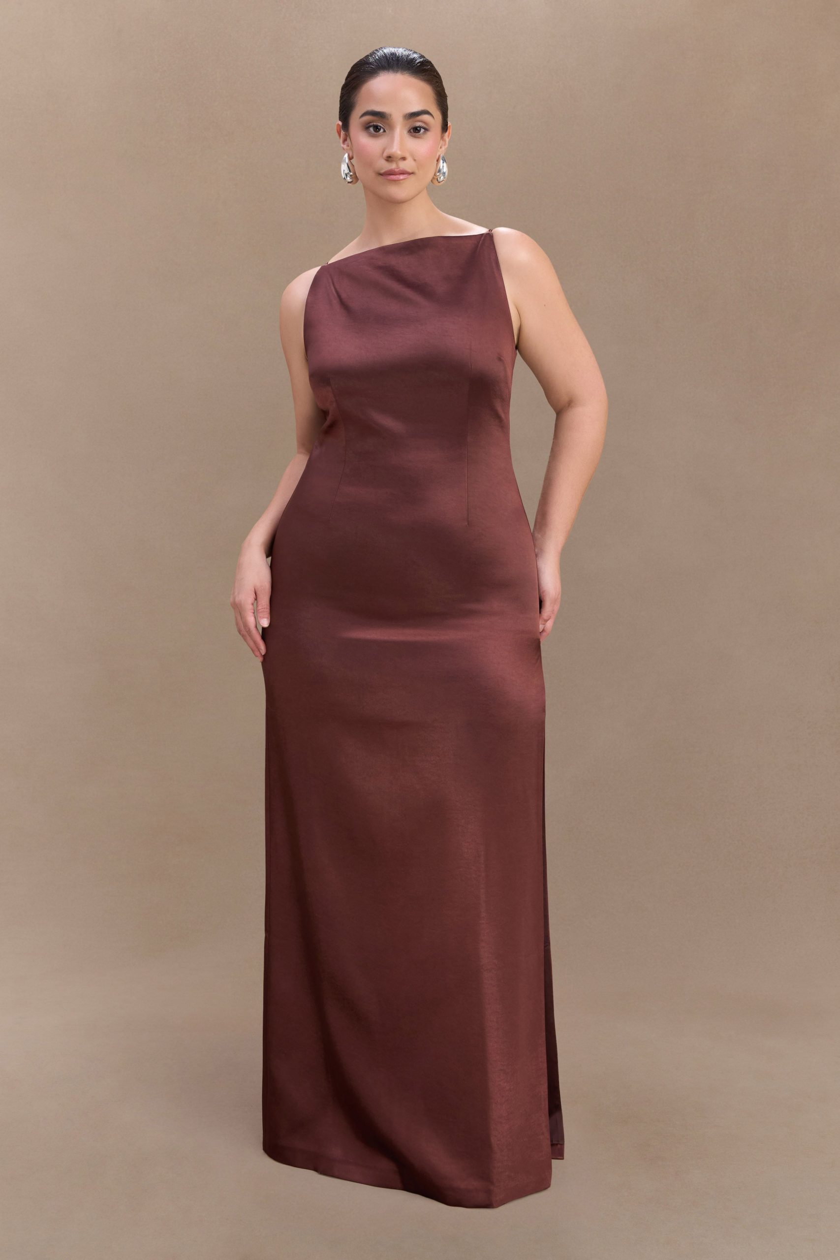 Violet Sleeveless Satin Maxi Dress - Dark Chocolate - Image 4