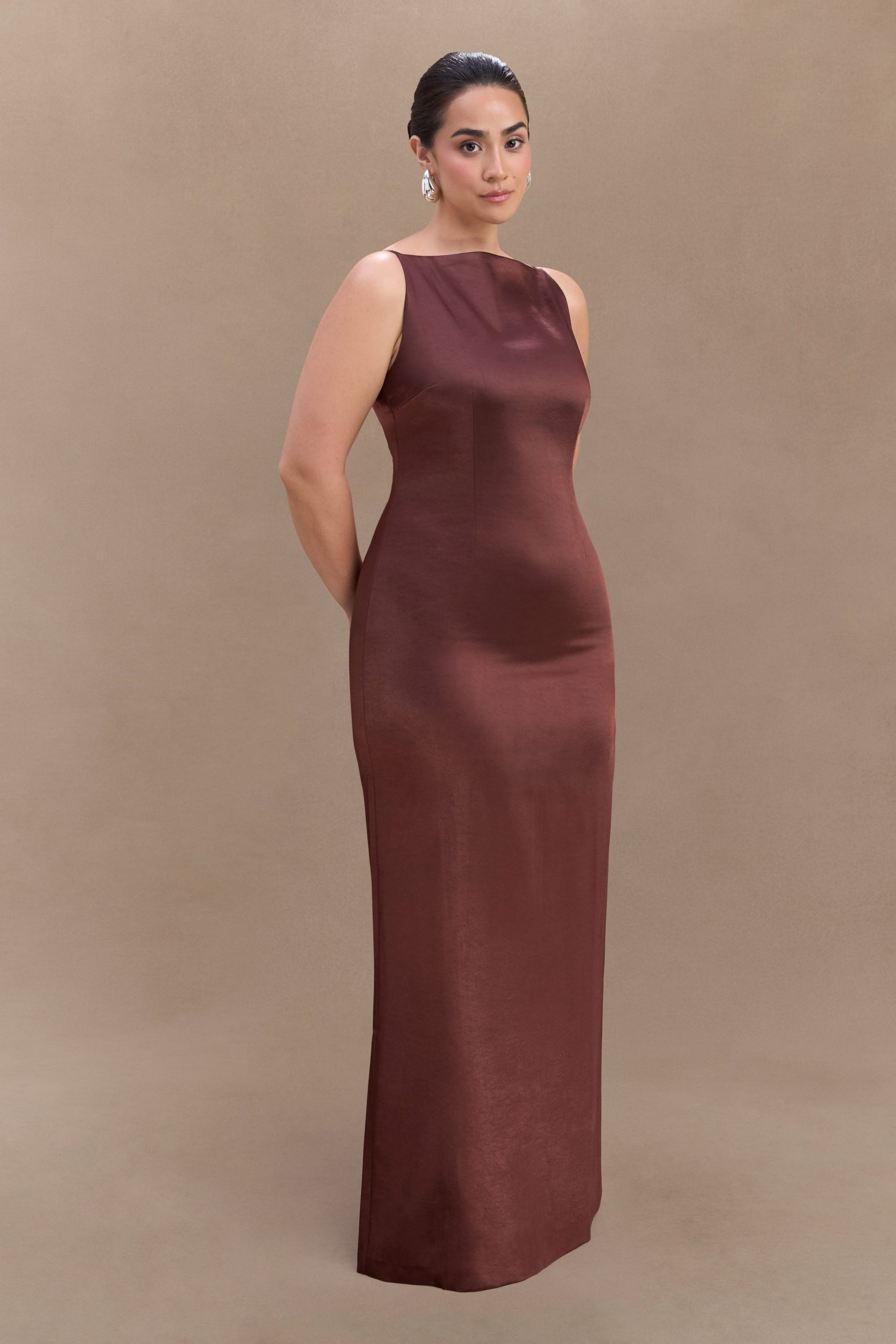 Violet Sleeveless Satin Maxi Dress - Dark Chocolate - Image 7