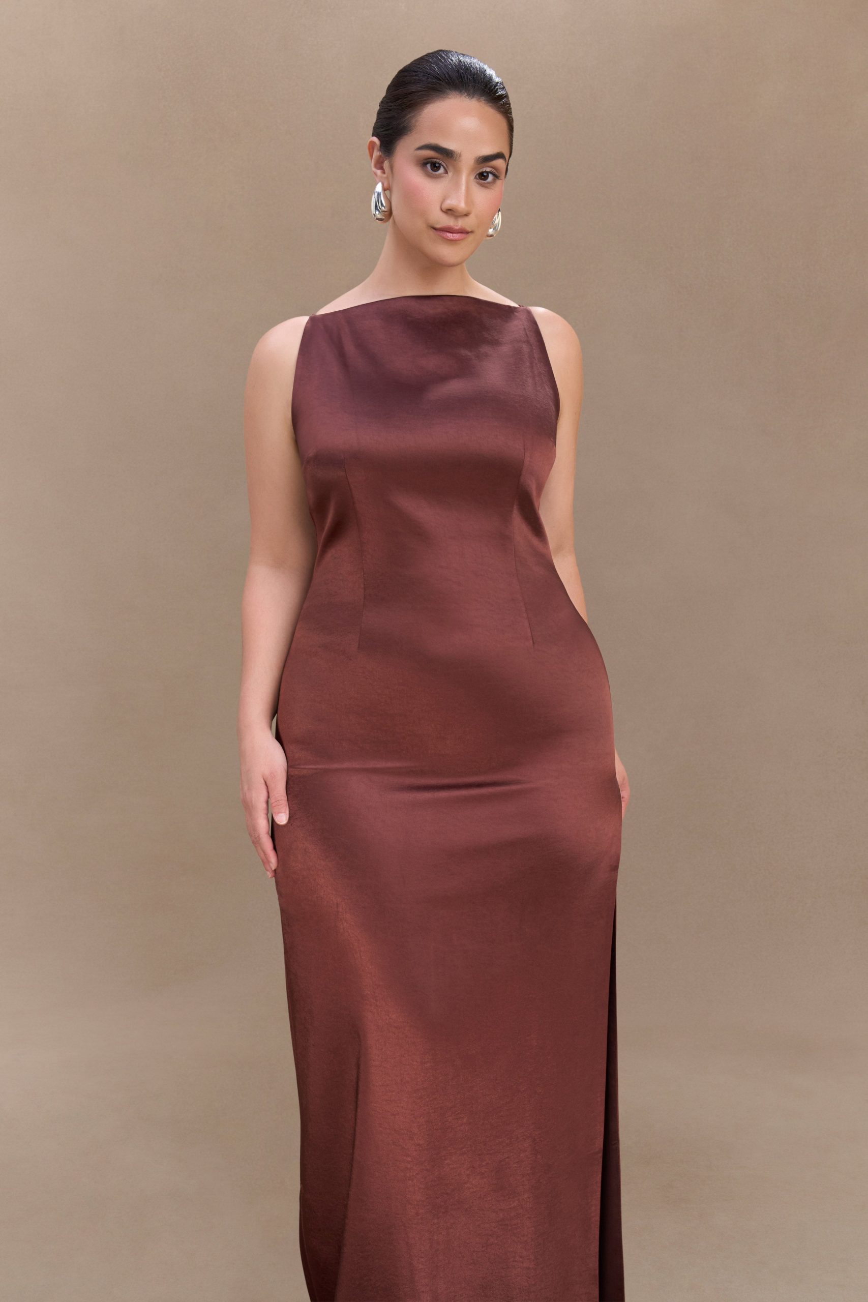 Violet Sleeveless Satin Maxi Dress - Dark Chocolate - Image 6