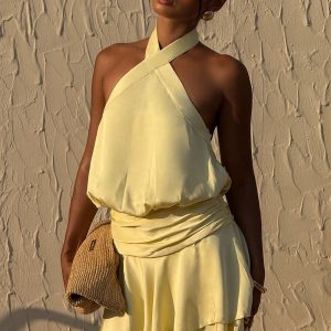 Poppy Satin Halter Mini Dress - Lemon