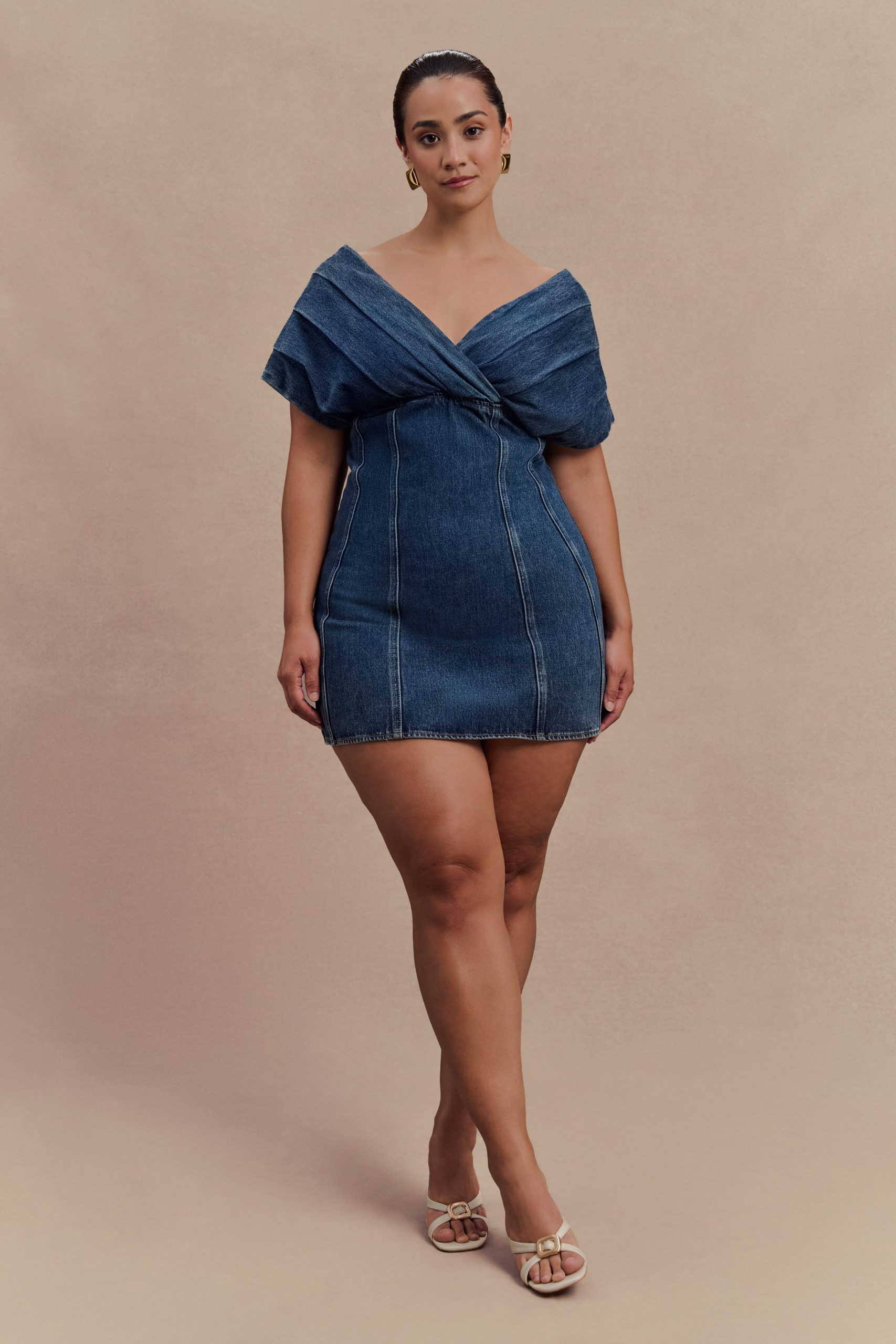 Pascale Off Shoulder Denim Mini Dress - Washed Dark Blue - Image 5