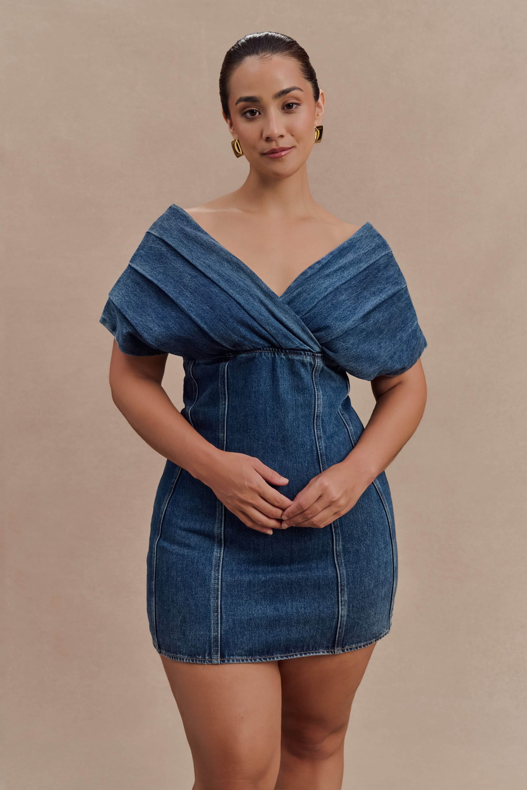 Pascale Off Shoulder Denim Mini Dress - Washed Dark Blue - Image 8