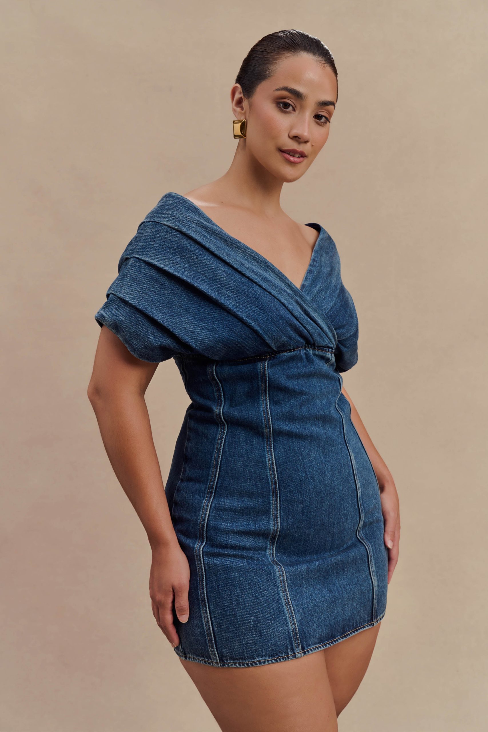 Pascale Off Shoulder Denim Mini Dress - Washed Dark Blue - Image 7