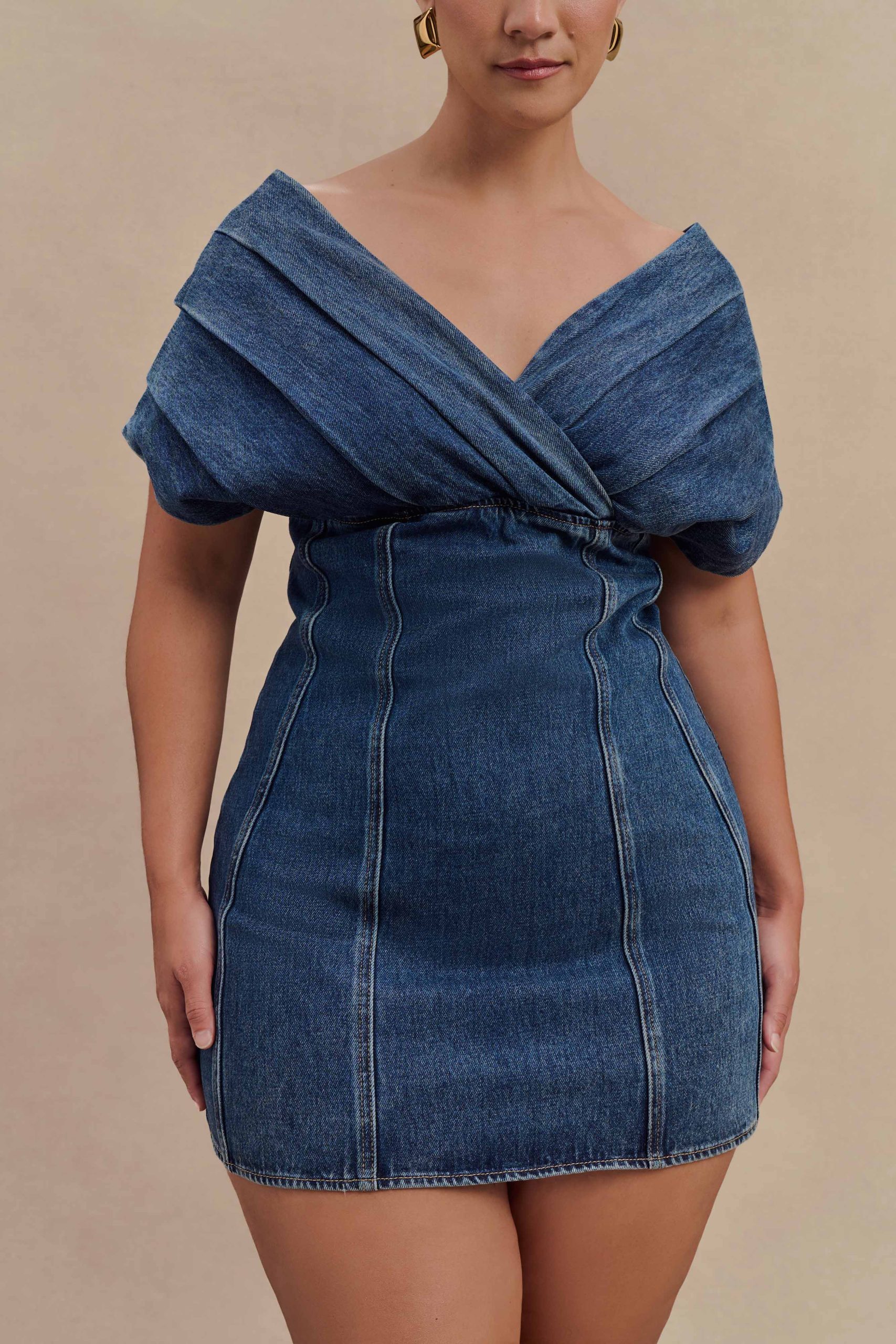 Pascale Off Shoulder Denim Mini Dress - Washed Dark Blue - Image 6