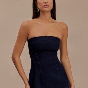 Madelyn Strapless Longline Denim Top - Indigo Blue